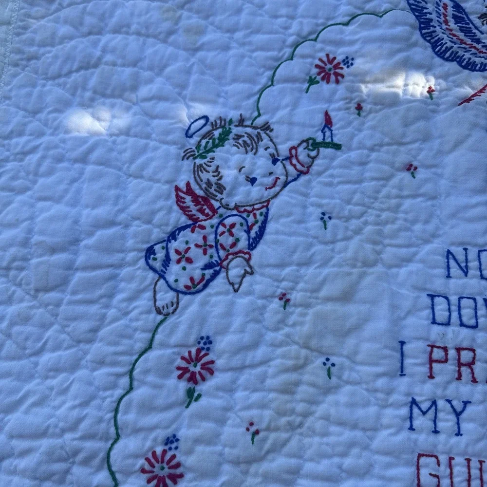 VTG Baby Crib Prayer Blanket 33x46 Angels Now I Lay Me Down To Sleep Embroidered